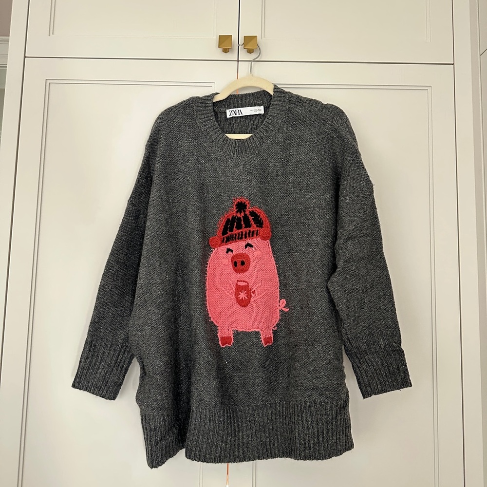 Zara Charcoal Sweater with Red Pig Design